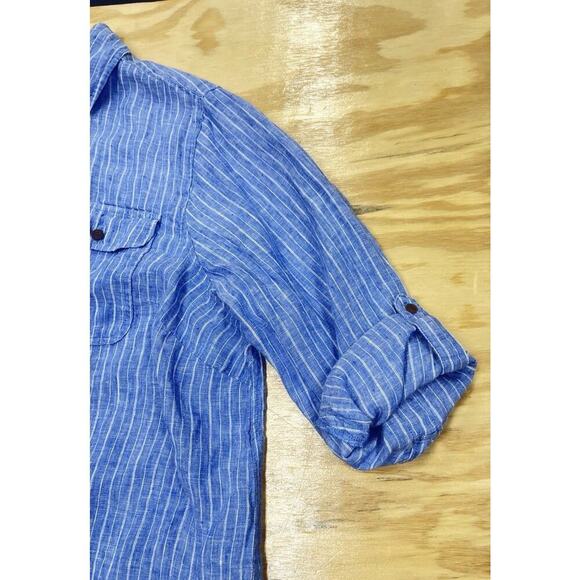 Land's End Womens 100% Linen Blue Striped Size 1X Minimalist Coastal Beachy - Picture 7 of 9